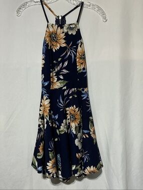Trac Womens Navy Blue Floral Print Open Back Mini Dress Sz XS
